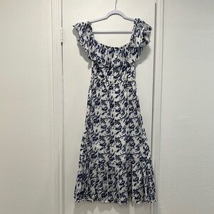 White and Navy Floral Ruffle Maxi Dress